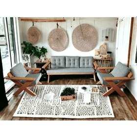 Resim Berlin Masif Ahşap Koltuk Takımı Kestane Ağacı - 3+1+1 Gri Kt Gri 