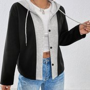 Resim Şık Kadın Kapüşonlu Ceket - Şık Siyah ve Gri Renk Bloğu, Uzun Kollu, Düğme Önü, Rahat Sonbahar/Kış Dış Giyim, Rahat Şık Ceket|Zarif Modern Görünüm|Düğme Kapanışı 