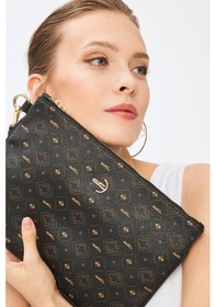 Resim Deri Company Kadın Basic Clutch Çanta Monogram Desenli Siyah Taba 214002 Siyah 