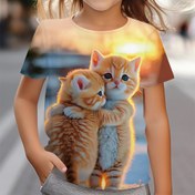 Resim Sevimli 3D Baskılı Kedi ve Kız Grafikli T-Shirt - Rahat Esnek Kısa Kollu Tee, Günlük Oyunlar için Yuvarlak Yaka, Makinede Yıkanabilir - Bahar ve Yaz için Mükemmel, Kedi T-shirt 