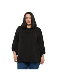 Resim Disentis Modest Büyük Beden Yuvarlak Yaka Truvakar Büzgülü Kollu Rahat Kesim Siyah Bluz Siyah 