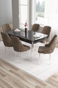 Resim Canisa Tia Serisi, Siyah Mermer Desen 80x132 Açılabilir Mdf Mutfak Masa Takımı 6 Kahve Sandalye Gümüş Detay 