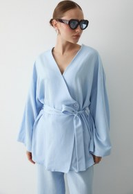 Resim Laluvia Mavi Düğme Detaylı Kemerli Kimono - 005 