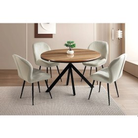 Resim Ahşap Yuvarlak Açılır Büyüyen Yemek Masa Sandalye Takımı 4 Porto Ekru Sandalyeli Parlak Ceviz Ceviz 