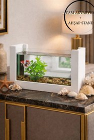 Resim Reyo OK-AY Store Beta Balığı İçin Ahşap Mini Akvaryum Modern Şık Doğal Minimal Tasarım Akvaryum Beyaz 