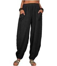 Resim Kadın Harem Pantolon Yaz Rahat Retro Büyük Beden Pamuk Ve Keten Pantolon Lastikli Bel Geniş Paça Pantolon Ev Pantolonu Siyah 