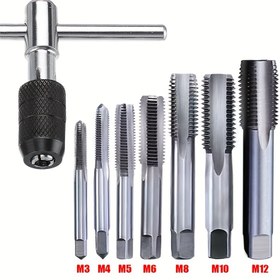 Resim Alaşımlı çelikten yapılmış manuel vida açma aleti, T-saplı anahtarla birlikte, 8 adet için uygun M3-M12 ve 6 adet için M3-M8 boyut aralığı, metal, ahşap, plastik diş işleme için 