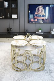 Resim Elegant Model Gold Metal Orta Ve Zigon Sehpa "kırılmaz Sarı Mermer Desenli Cam" 