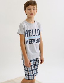 Resim Vitmo Erkek Çocuk Kısa Kollu Kapri %100 Pamuklu Pijama Takımı Hello Weekend KARMELANJ 