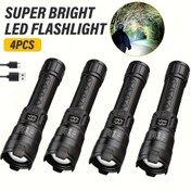 Resim 4 adet Şarj Edilebilir LED El Feneri, Teleskopik Yakınlaştırma ve Güç Göstergeli Taşınabilir El Feneri, Üç Aydınlatma Modu, Açık Hava, Kamp, İş ve Acil Aydınlatma için Uygun, En İyi Noel için, Mükemmel Şükran Günü için 