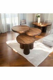 Resim Simillo Home&Living Ceviz Renk Masif Ahşap Mantar Sehpa 3’lü Zigon Fiskos Takımı – Doğal Tasarım - Wooden Coffee Table 