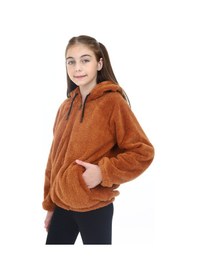 Resim Toontoy Kız Çocuk Kapüşonlu Fermuarlı Cepli Reglan Kol Peluş Hırka Kiremit 