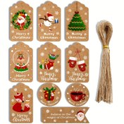 Resim 50'lik Noel Etiketleri Seti, Rustik Kahverengi Kraft Kağıt Hediye Etiketleri ile Santa ve Tilki Tasarımları, Festive Bayram Partisi Dekoru ile Kurdele, Sanatçı Zanaatları ve Dikiş Malzemeleri için Hediye Sarma 