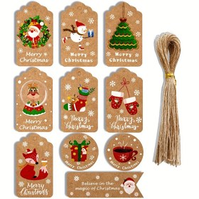 Resim 50'lik Noel Etiketleri Seti, Rustik Kahverengi Kraft Kağıt Hediye Etiketleri ile Santa ve Tilki Tasarımları, Festive Bayram Partisi Dekoru ile Kurdele, Sanatçı Zanaatları ve Dikiş Malzemeleri için Hediye Sarma 