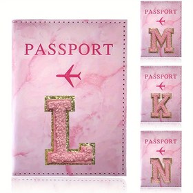 Resim 1 adet Başlangıç Şenil Pembe Harf Pasaport Kılıfı Taşınabilir Pu Pasaport Tutucu İnce Cüzdan İş Kredi Kartı Tutucu Seyahat Uçak Bileti Kartı Aksesuarı 