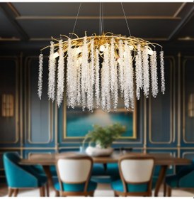 Resim Dina Serip Yemek Masa Üstü Gold Kaplamalı Modern Tasarım Salon Kristal Sarkıt Avize Gold 