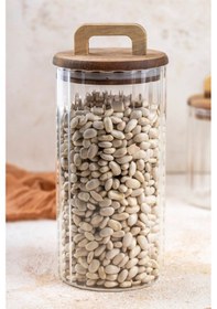 Resim Qerhome Borosilikat Cam Optik Çizgili Akasya Kapaklı Kavanoz Zahire 3200 Ml Şeffaf 