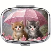 Resim 1 Kedi Şemsiye Altında Küçük Kapsül Kutusu, 2 Bölümlü Mini Metal Taşınabilir, Seyahat veya Günlük Kullanım İçin 
