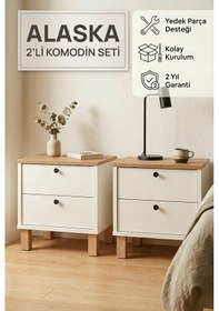 Resim Robin Home Alaska Komodin 2'li Komodin Seti Çekmeceli Ahşap Ayaklı Sepet-beyaz 