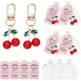 Resim 12 adet Kiraz Anahtarlık Favor Seti ile Teşekkür Etiketleri ve Organza Çantalar - Düğünler, Doğum Günleri, Yıldönümleri, Noel ve Yeni Yıl Hediyeleri için Akrilik Meyve Tasarımı 