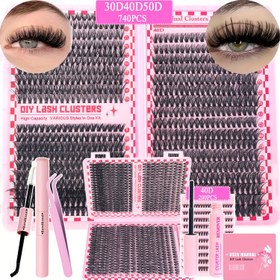 Resim 740/200 adet Kirpik Kümeleri Kirpik Uzatma Kiti, 2-in-1 Kirpik Bağlantısı, Cımbız, Kirpik Temizleyici, 30D+40D+50D 9-16mm Karışık Kirpik Kümeleri Başlangıç D IY Evde ve Yeniden Kullanılabilir 