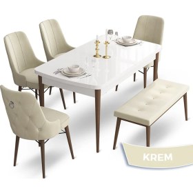 Resim Canisa Concept Taç Serisi 80 x 132 cm Beyaz Masa Ceviz Ayak Yemek Masası Takımı 4 Sandalye Gümüş Halkalı ve 1 Bench 