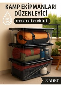 Resim 80 Lt Büyük Boy Saklama Kutusu Kapaklı Plastik Organizer Kamp Ekipmanları Depolama Kabı 3 Adet ŞEFFAF 