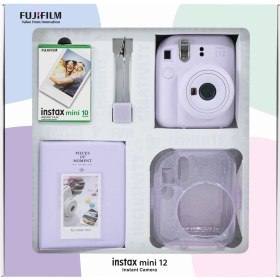Resim Fujifilm Instax Mini 12 Lila Fotoğraf Makinesi 10'lu Film Simli Pleksi Kılıf Pvc Albüm ve Kıskaçlı Resim Standı Bundle Box 