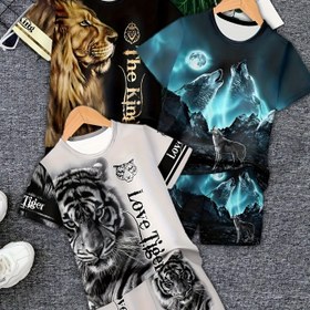 Resim 6 parça set, erkek çocuklar için kaplan, aslan ve kurt desenli, 3D baskılı tasarım, kısa kollu tişört ve şorttan oluşan spor kıyafet takımı, fitness ve açık hava sporları için ideal 
