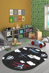 Resim Dijital Baskılı Kaymaz Taban Yıkanabilir Bulut Uçak Desenli Oval Çocuk Odası Halısı O-ÇOCUK-23, Antrasit, 60 x 150 