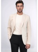 Resim Bej Kendinden Desenli Örme Altın Renk Metal Düğmeli Slim Fit Erkek Blazer Ceket - Wessi Cream 