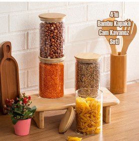 Resim Porsima 416 4lü 950 Ml Bambu Vakumlu Kapaklı Cam Kavanoz Seti Saklama Kabı 10x15cm Şeffaf 