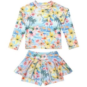 Resim Lolliboomkids Kız Çocuk Pastel Renk Çiçek Desenli Uzun Kollu Tayt Etekli 2 Parça Mayo / Bikini Takımı Çiçek Çok Renkli 
