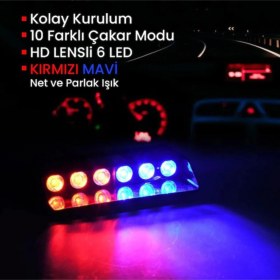Resim ŞüsCarOto Aksesuar S6 Cam Içi Vantuzlu Polis Çakar 6 Ledli Kırmızı Mavi 12 Mod Çakmaklık Girişli 
