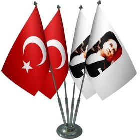 Resim Masa Üstü Atatürk Bayrağı Türk Bayrağı Dörtlü Krom Direk Masa Bay 