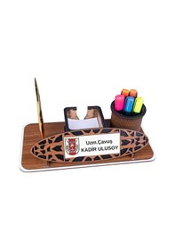 Resim Tsk Logolu Kişiye Özel Ahşap Masa İsimliği Askerlere Özel Hediyelik Ofis Seti Kahverengi 