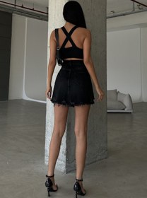 Resim %100 Pamuk Yıpratmalı Gabardin None-Denim Püsküllü Kadın Mini Etek @Andria - Füme / M 