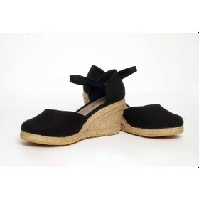 Resim Dolgu Topuk Keten Ön Arka Düz Sandalet Siyah Siyah 1262 