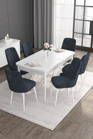 Resim Canisa Concept Noa Serisi 80x132 Açılabilir Mdf Beyaz Masa Takımı Ve Gümüş Halkalı 6 Antrasit Sandalye 