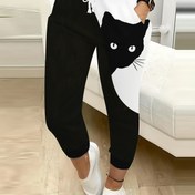 Resim Kadınlar için Rahat 3D Kedi Baskılı Jogger Pantolonlar, Siyah ve Sarı İki Tonlu Tasarım, Konforlu Polyester Karışımı, Makinede Yıkanabilir, Her Mevsim Giyilebilir, Ayarlanabilir Rahatlık Pantolonları | Günlük Bağcıklı Pantolonlar | Pürüzsüz Dokulu Pantolonlar 