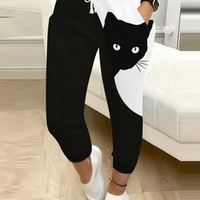 Resim Kadınlar için Rahat 3D Kedi Baskılı Jogger Pantolonlar, Siyah ve Sarı İki Tonlu Tasarım, Konforlu Polyester Karışımı, Makinede Yıkanabilir, Her Mevsim Giyilebilir, Ayarlanabilir Rahatlık Pantolonları | Günlük Bağcıklı Pantolonlar | Pürüzsüz Dokulu Pantolonlar 