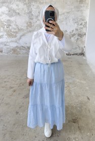 Resim Rahat Kesim Beli Lastikli Kat Kat Uzun Etek 5213 - Bebek Mavisi - Bebek Mavisi / S-M 