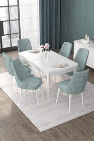 Resim Canisa Nex Serisi 80x132 Açılabilir Mdf Siyah Mermer Desen Masa Takımı ve 6 Pembe Sandalye Gümüş Halka 