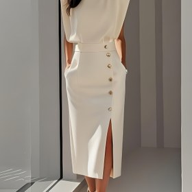 Resim Şık Beyaz Yapılı A Kesim Elbise - Yuvarlak Yaka & Kısa Kollu - Kısa Yırtmaç Etek, Altın Tonu Düğme Kapama (Esnek Değil) - Tüm Mevsimler İçin Resmi & Yarı Resmi Giyim - Düğünler, Ofis, Partiler İçin Kesimli Fit (NS702) 