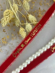 Resim İncili İpek Kırmızı Söz Nişan Kurdelesi - Kişiye Özel Yüzük Kurdelesi, Şıklık ve Zarafet 