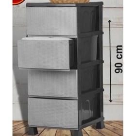 Resim Silkyra Büyük Boy Siyah 4 Çekmeceli Gri Hasır Kapaklı Plastik Komidin Sebzelik 