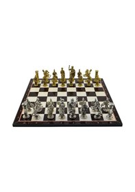 Resim Gifthome Battal Boy Metal Roma Satranç Takımı Parlak Ve Katlanır Ceviz Desenli Mdf Satranç Tahtası 43x43 Cm. 
