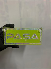 Resim Yeşil Renk Üzeri Hologram Renk Paşa Yazılı Vantuzlu Cam Süsü 
