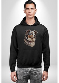 Resim Australian Shepherd Köpek Kadın Erkek Siyah Kapüşonlu Sweatshirt Hoodie Siyah 