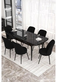 Resim Canisa Kor Serisi 70x114 Açılabilir Mutfak Masası Takımı Siyah Mermer Desen Masa 6 Siyah Sandalye Masa Siyah Mermer Desen Sandalye Siyahh 